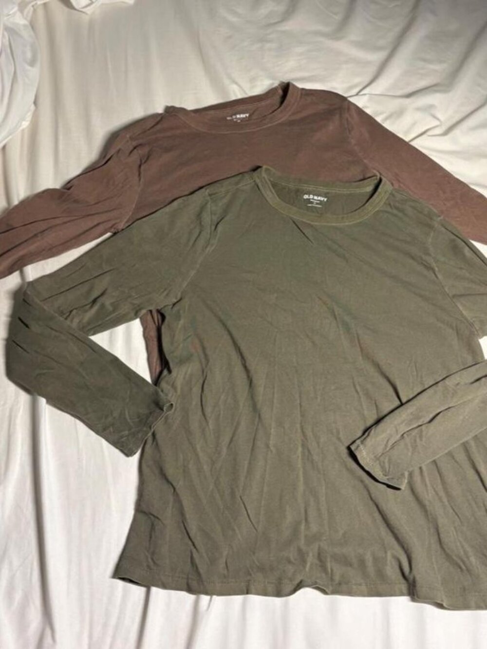 Old Navy t-shirt bundle; 2 long sleeves tees in brown (XS) khaki green (S)